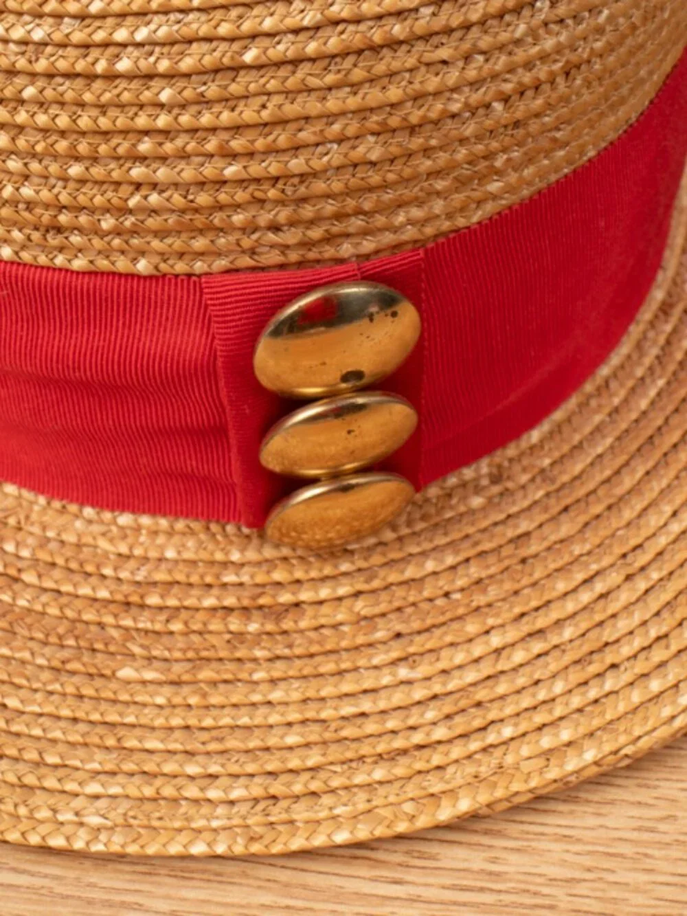 Patricia Underwood Straw Hat With Red Stripe and Gold Button Detail See Details